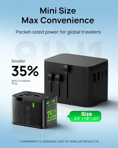 75W Travel Adapter, GaN Fast Charging European Power Universal Adapter with 5 Ports (1 AC, 1 USB-A, and 3 USB-C), Plug Adapter with Smart Chip for Over 200 Countries, PD&QC Charger, Black - color: Black