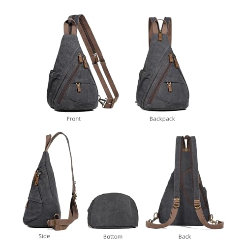 KL928 Canvas Sling Bag - Small Crossbody Backpack Shoulder Casual Daypack Rucksack for Men Women(Large Version,Black) - color: Canvas-black