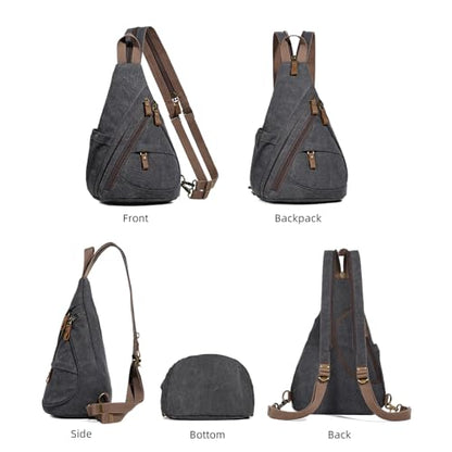 KL928 Canvas Sling Bag - Small Crossbody Backpack Shoulder Casual Daypack Rucksack for Men Women(Large Version,Black) - color: Canvas-black