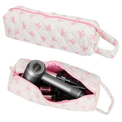 Quilted Hair Tools Travel Bag Compatible with Dyson Airwrap Shark FlexStyle - color: Pink Bow