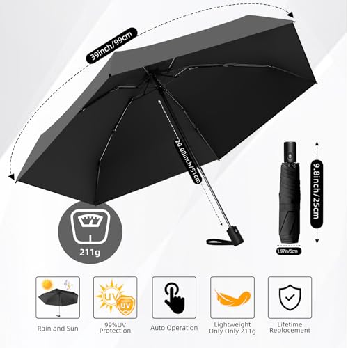 Automatic Travel Mini Umbrella, Compact Folding Small Pocket Umbrellas for Purse Wallet, UV Sun Rain Protection, Lightweight Portable Design Fits in Backpack for Women Men Kids - color: Black + Black