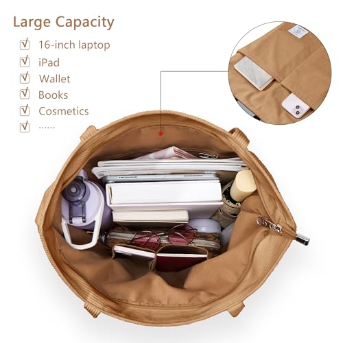KALIDI Women Corduroy Tote Bag Zipper Casual Tote's Handbag Big Capacity Shoulder Bag with Pockets - color: D-brown
