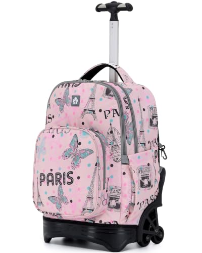 NEW TILAMI 18-Inch Rolling Backpack 6-Wheel for Kids School Travel - color: Pink Paris Cute