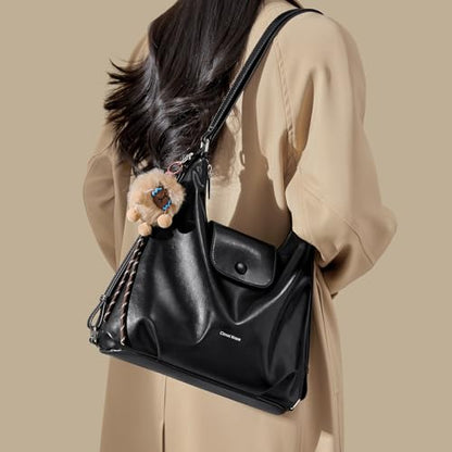 Women Shoulder Bag Leather Tote Bag Cute Backpack with Charms - color: Black