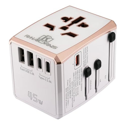 Universal Travel Adapter 45W with 5 Ports (3 USB-C, 2 USB-A) Worldwide Charger for USA, Europe, UK, Australia, Asia & 150+ Countries International Power Plug - color: White 45W