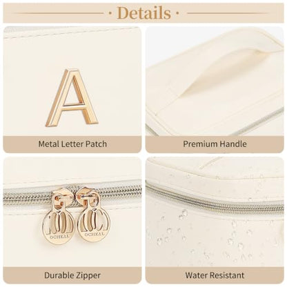 Women Daily Use & Travel Personalized Makeup Bag with Metal Letter Patch N | Women Large Travel Custom Initial Makeup Bag, Cosmetic Organizer Spacious PU Leather Toiletry Case with Handle & Divider - size: N