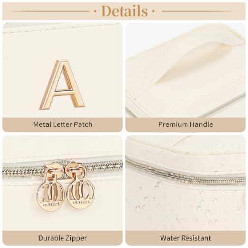 Women Daily Use & Travel Personalized Makeup Bag with Metal Letter Patch S | Women Large Travel Custom Initial Makeup Bag, Cosmetic Organizer Spacious PU Leather Toiletry Case with Handle & Divider - size: S