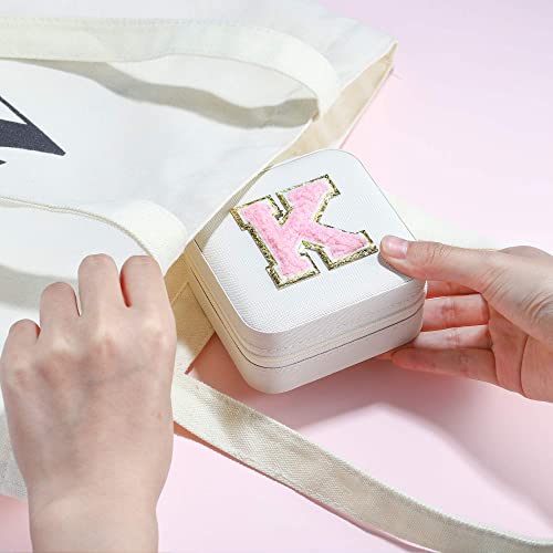 Parima White Jewelry Box for Women - Personalized Travel Chenille Letter Patches Jewelry Case, Multifunctional, Includes Ring Holder, Necklace Pocket - Ideal Birthday Gift - color: “White, size: D
