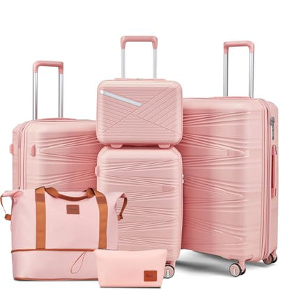 TRAVELEO Luggage Sets 6 Piece Expandable Suitcase (20/24/28), Cosmetic Case - color: Pink, size: 6 Piece Set (14in/20in/24in/28in/DB/TB)