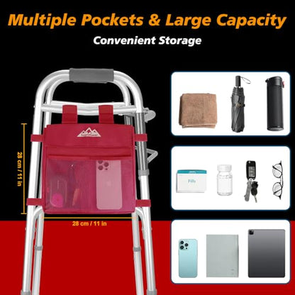 supregear Walker 사이드 백, 접이식 워커용 방수 액세서리 바스켓 파우치, 경량 핸즈프리 보관 캐리어 토트, 범용 사이즈 노인 캐디 부착물, 레드 - color: 레드