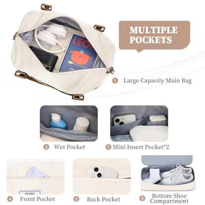 Weekender Bags for Women, Personal Item Travel Bag with Shoes Compartment - color: Beige & Brown, size: Medium