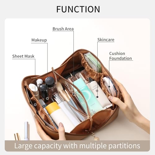 Travel Makeup Bag Cosmetic Bags for Women 3-Set Large Capacity Toiletry Bags with Handle Wide Open Portable Pouch - color: D01-Brown