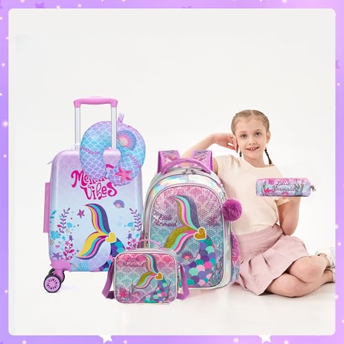 Cute Pink Mermaid Kid’s Luggage Set 5 Piece Suitcase Set 16’’ Hardside Luggage with Spinner Wheels Girls Boys Carry on Toddler Luggage Travel Rolling Luggage Carry on Luggage Airline Approved - color: 05 Pink