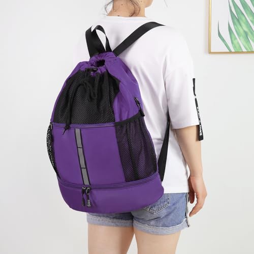 Valleycomfy Drawstring Gym Bag Sports Backpack With Shoe Compartment Purple - color: Purple08