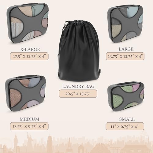 Shacke 5 Set Packing Cubes for Travel with Laundry Bag (Dark Grey) - color: 5 Set - Dark Grey, size: Set of 5