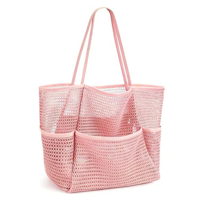 Large Beach Bags for Women, Mesh Beach Tote with Zipper, Foldable Pool Tote Bag Travel Beachbag Waterproof Sandproof - color: Pink - More Pockets