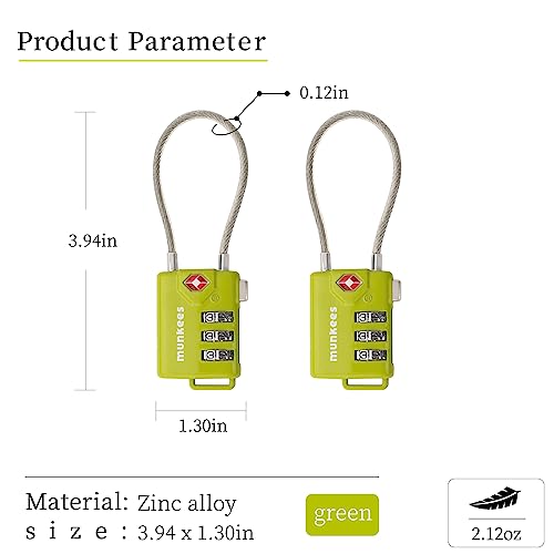 munkees TSA Approved Luggage Lock Padlock with Cable, Resttable Combination, 3-Digit Password Lock, Metal Alloy, Drawer, Backpack, Wardrobe, and Door Lock. (Green 2pcs) - color: Green-2pcs, style: Cable Shackle