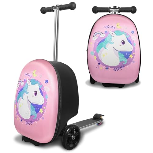 ALVOD 2-in-1 Scooter Suitcase, Foldable & Lightweight Scooter Luggage for Kids with LED Light Wheel - color: Pink