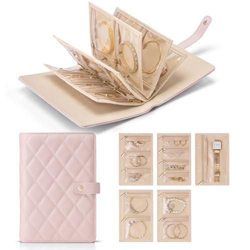 VLANDO Jewelry Travel Case,Loose-Leaf with Clear Velvet Pouches,Pink - color: 04.Pink