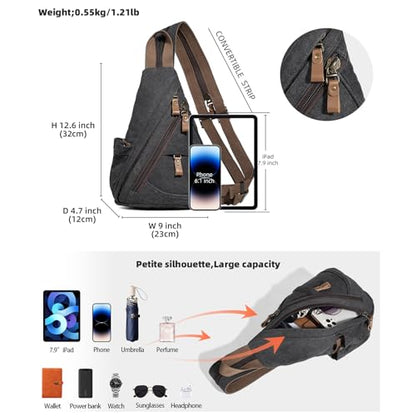 KL928 Canvas Sling Bag Small Crossbody Purse Casual Backpack for Men Women - color: Medium-black