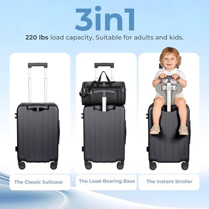 20" Ride-On Luggage with Child Seat, Hardside Carry-On Suitcase with 360° Silent Spinner Wheels, TSA Lock, & Dual Telescoping Handles for Kids & Adults & Busy Moms - color: Grey