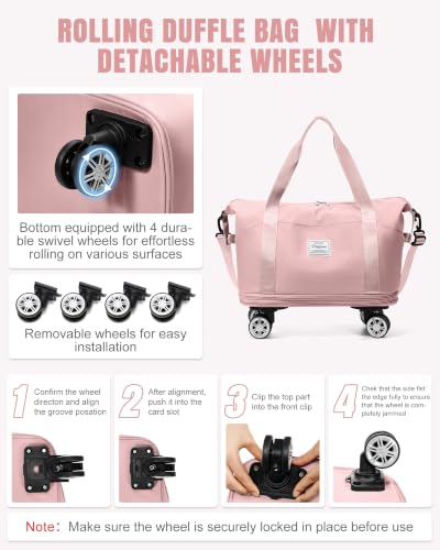 Rolling Duffle Bag with Wheels Expandable Travel Bag with Pump Pink - color: F5-Pink