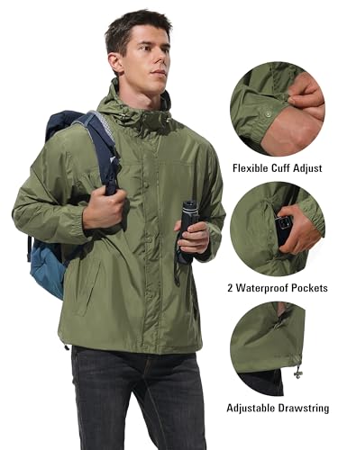 UIQUR Mens Lightweight Packable Waterproof Rain Jacket Windbreaker - color: Army Green, size: Medium