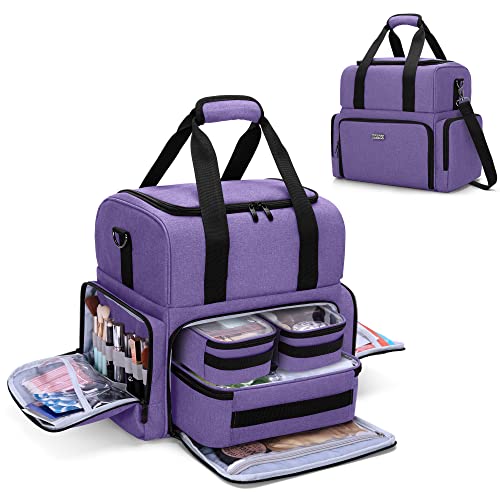 BAFASO 2 Layers Large Travel Makeup Bag with 3 Removable Pouches, Purple