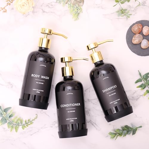 Shampoo and Conditioner Dispenser Set of 3 - color: Black Bottles + Gold Pumps