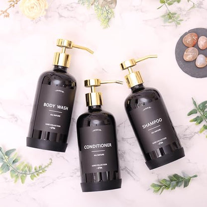 Shampoo and Conditioner Dispenser Set of 3 - color: Black Bottles + Gold Pumps