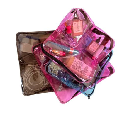 Clear Travel 3- Compartment Toiletry & Makeup Bag Organizer - color: Pink, size: 9X9
