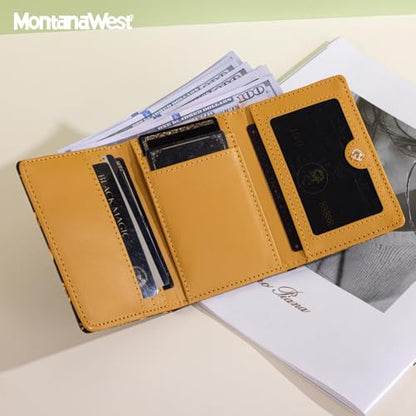 Montana West Small Wallets Woman RFID Blocking Wallet Trifold Pocket Wallet with ID Window - color: Z Black Sunflower