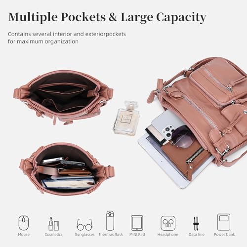 KouLi Buir Crossbody Bag for Women, Leather Purse with Adjustable Strap Lightweight Shoulder Bag with Zipper Pockets - color: Pink