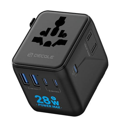 “Pro” Universal Travel Adapter 3 USB-C＆ 2 USB-A Cover 200+ Countries - color: Black, size: 3C+2A 28W