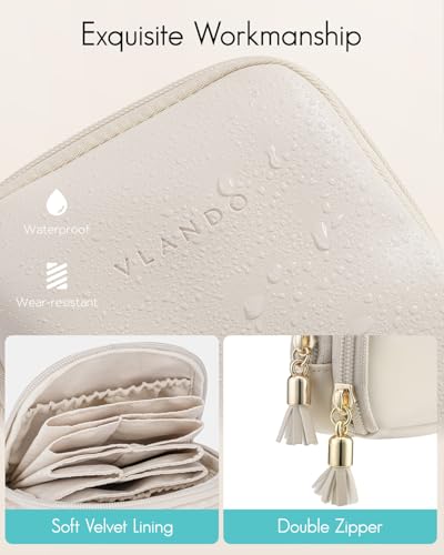 VLANDO Jewelry Travel Case with 2 Layers for Necklaces,Rings,Earrings - color: Cream White