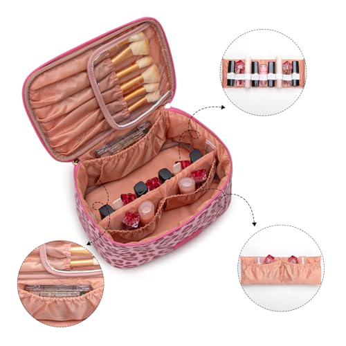 Wrangler Travel Makeup Bag 2pcs Set Cosmetic Bag with Makeup Brush Holder - color: Leopard-Pink