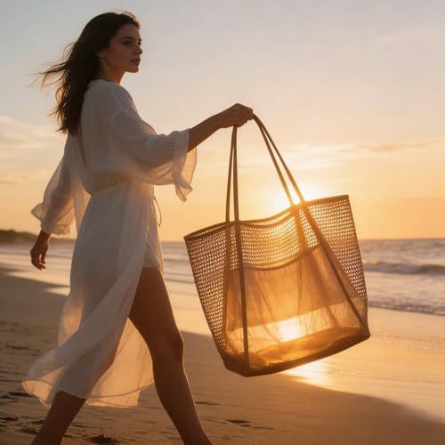Women's Large Mesh Beach Bag Tote–Waterproof Sandproof Foldable with Zipper Pockets for Summer Travel & Vacation - color: Beige