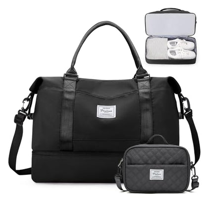 Weekender Bags for Women,Personal Item Travel Bag with Shoes Compartment - color: Black with BlackGray Toiletry Bag, size: Large