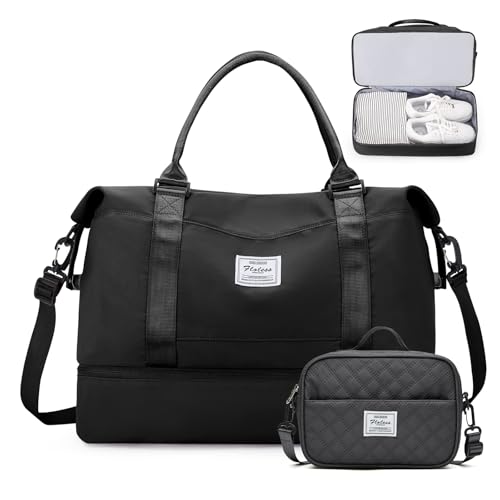 Weekender Bags for Women,Personal Item Travel Bag with Shoes Compartment - color: Black with BlackGray Toiletry Bag, size: Extra Large