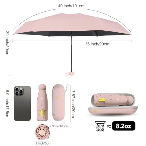 Mini Travel Umbrella, UPF 50+ Purse Umbrella with Case and Carabiner - color: Pink