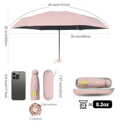 Mini Travel Umbrella, UPF 50+ Purse Umbrella with Case and Carabiner - color: Pink