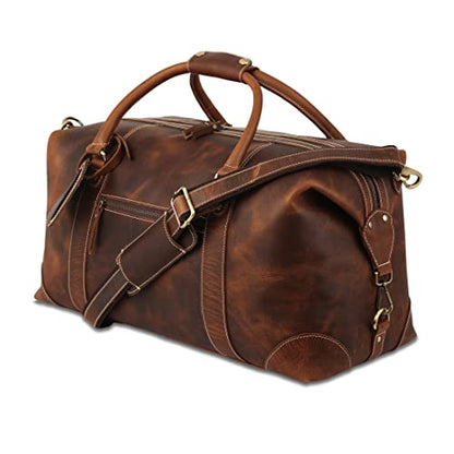 KomalC Leather Travel Duffle Bags for Men and Women Overnight Weekend Bag, Sports Gym Duffel (Dark Tan)