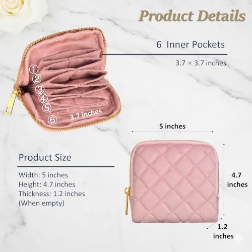 Jewelry Organizer Case, Small Travel Velvet Pouch, Portable - color: Blush Pink Quilted