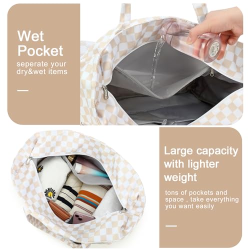 Bluboon Waterproof Beach Tote Pool Bags for Women Ladies Extra Large Carry On Bag With Wet Compartment for Weekender Travel - color: Light Brown Checkered