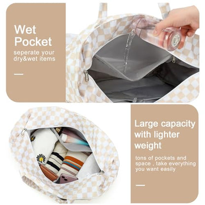 Bluboon Waterproof Beach Tote Pool Bags for Women Ladies Extra Large Carry On Bag With Wet Compartment for Weekender Travel - color: Light Brown Checkered