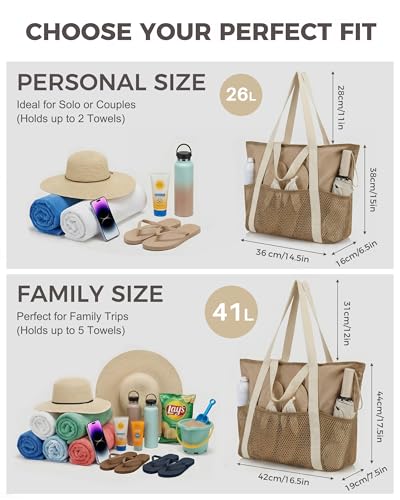 HOMESPON Beach Bag Large Waterproof Sandproof Tote for Women with Zipper and Mesh Pockets - color: Khaki, size: Medium