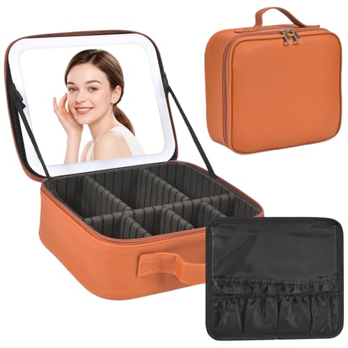 Travel Makeup Bag with Mirror & 8 Adjustable EVA Dividers, Camel - color: Camel-8 Dividers