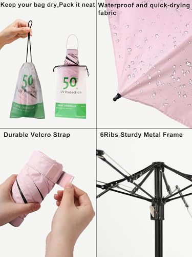 BAODINI Travel Mini Umbrella With UV Sun Protection, Compact Pocket Size - color: Pink