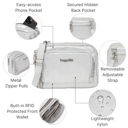 Baggallini Triple Zip with Front Wallet/Trifecta RFID Wallet Crossbody - color: Silver Metallic