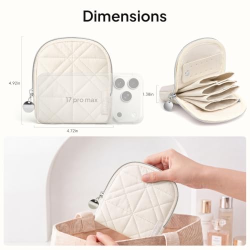 TOPEAST Quilted Travel Jewelry Case for Women, Puffer Jewelry Organized Bag - color: Beige-Shell